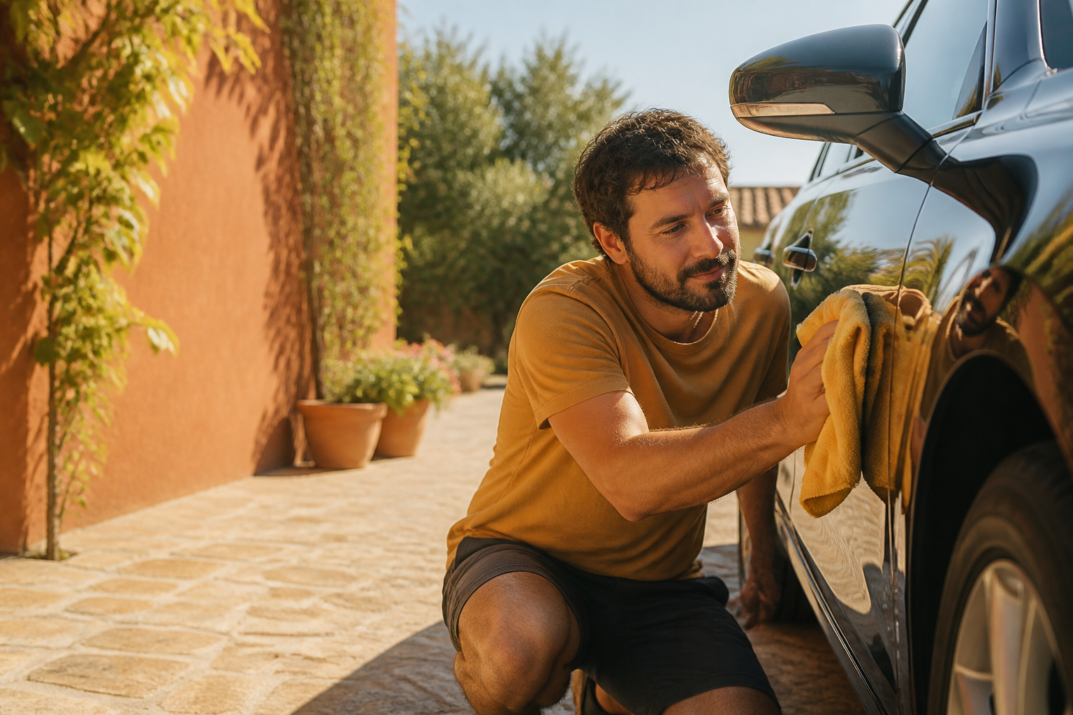 A real person using the checklist method to detail their car in a home driveway