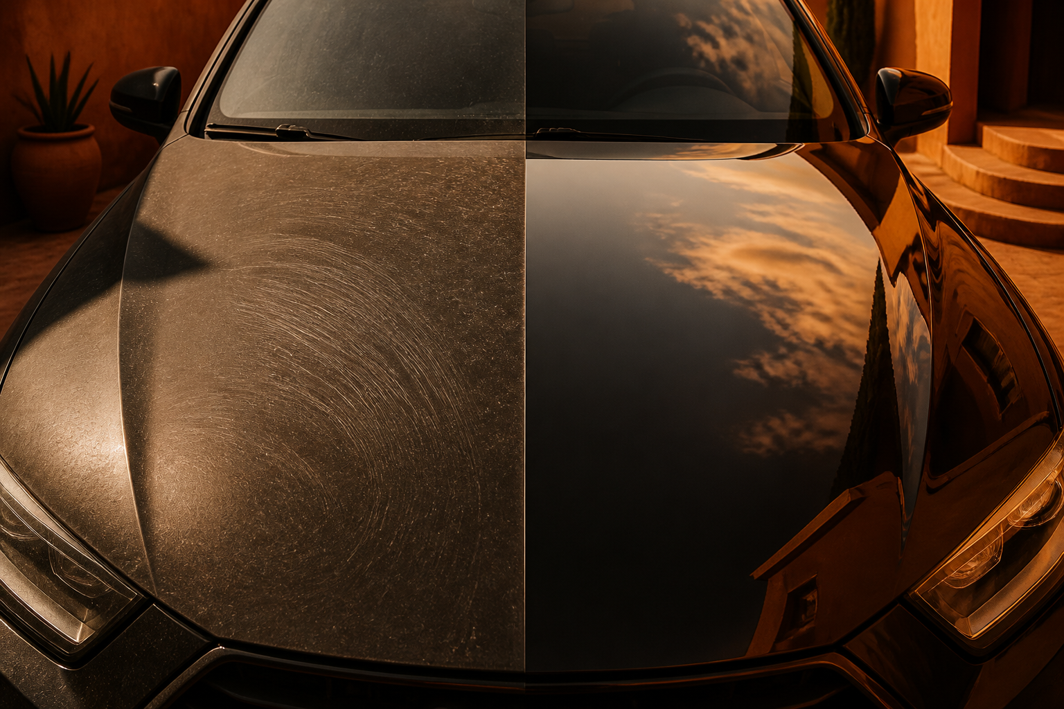 Split comparison: a dull, swirl-marked car on the left and a glossy mirror-finish car on the right after the 27-step process